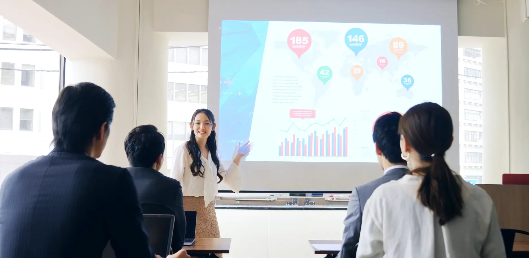 1人の社員がプレゼンテーションをし、4人の社員がそれを聞いている